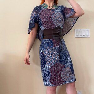 Mandala Print Sheath Dress with Capelet